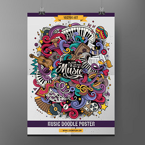 卡通彩色的手画涂鸦音乐海报模板非常详细附有许多音乐对象插图有趣的矢量艺术作品公司身份设计卡通手工绘制的面条音乐海报图片