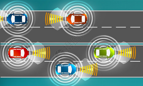 自动驾驶概念与具有感知和通信的汽车3D图片