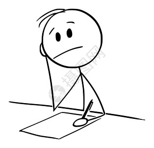 矢量卡通棒图绘制一个人坐在桌边用圆点笔写纸时思考的概念图矢量卡通插用人写纸时思考图片