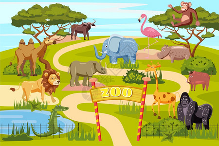 动物园入口卡通动物矢量插画背景图片