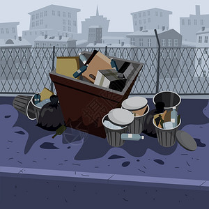 卡通垃圾桶金属垃圾箱在街外处理的未分类垃圾箱金属在街外处理的未分类垃圾箱其背景为城市摩天大楼的线垃圾袋和在堆周围倒塌垃圾箱中堆放着一垃圾这背景