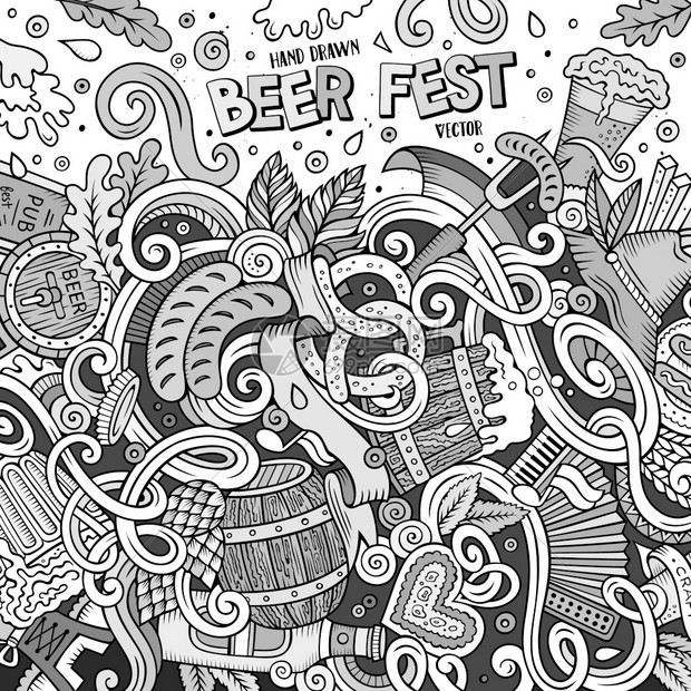 卡通可爱的面条手画啤酒框架设计线条艺术详细有许多对象背景有趣的矢量插图卡通可爱的面条手画啤酒框架设计图片