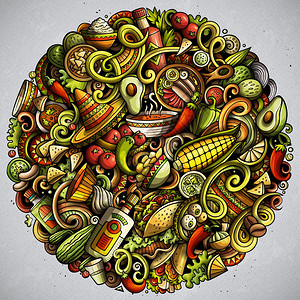 辣椒卡通墨西哥食品手工绘制的矢量图解烹饪海报设计墨西哥菜单元素和对象卡通背景明亮的颜色滑稽图片所有物品分开墨西哥食品手工绘制的矢量图解墨背景
