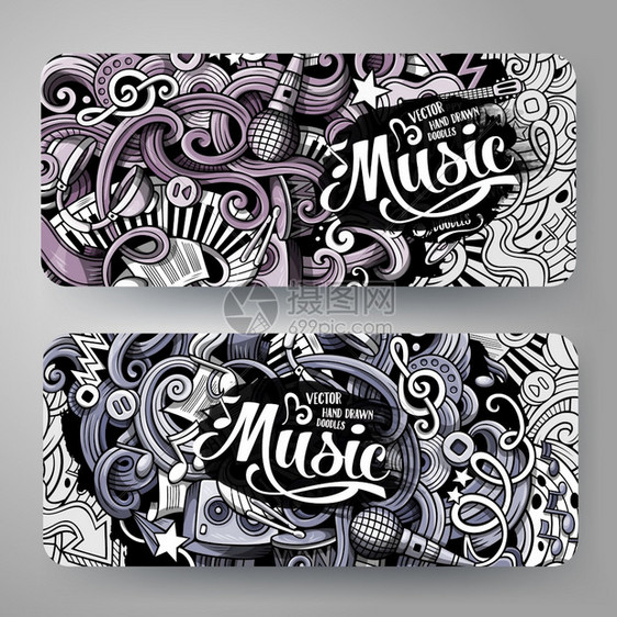音乐公司身份2id卡片设计模板置卡通单色片矢量doodles图片