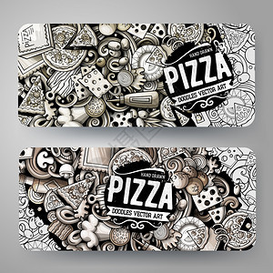 卡通图形矢量手工绘制涂鸦披萨公司身份2个水平横幅设计模板置卡通图形矢量手工绘制涂鸦披萨横幅图片