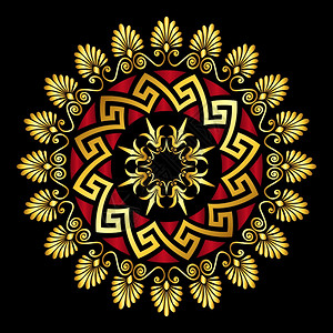传统古金和红圆希腊装饰品和黑色背景植物模式矢量金希腊装饰品Meander图片