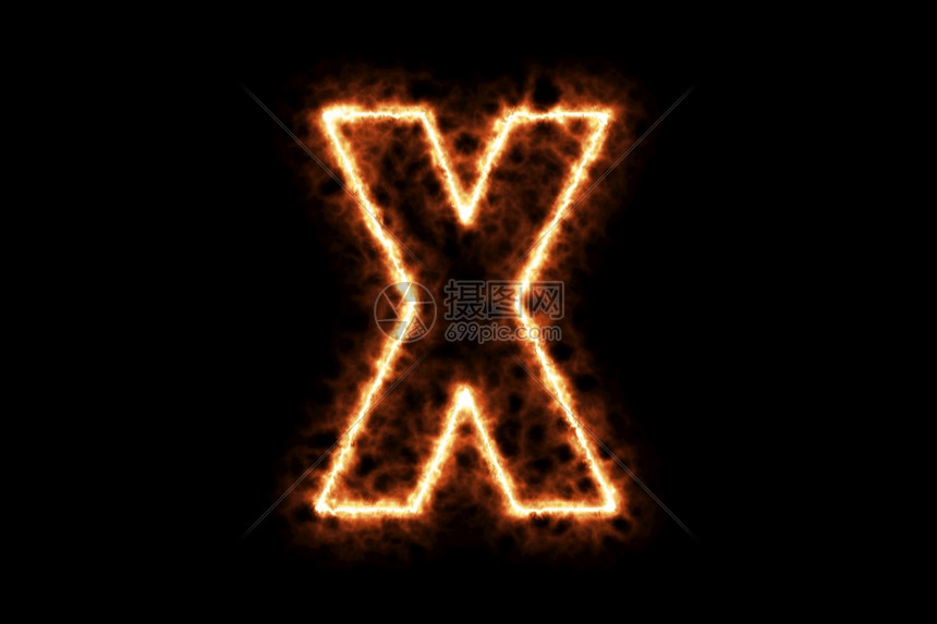 火燃烧形成字母x首都英文字母符与黑色背景隔绝3d投影插图热框架点火