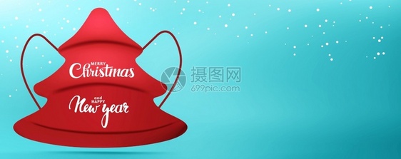 WebBanner圣诞问候红色医疗面具形状为fir树刻有圣诞快乐和新年的字蓝色背景带雪花复制空间图片