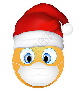 Emoji表情带医疗面具和圣诞老人帽子有趣的表情科罗纳爆发保护概念圣诞快乐三个插图维隔离图片