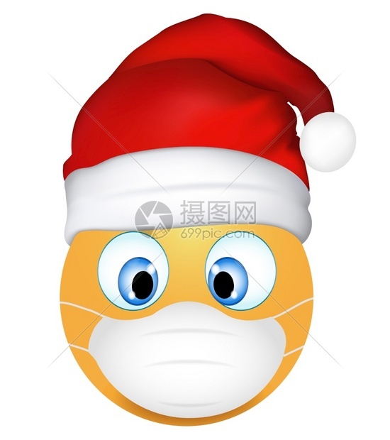 Emoji表情带医疗面具和圣诞老人帽子有趣的表情科罗纳爆发保护概念圣诞快乐三个插图维隔离图片