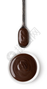 碗匙和巧克力在白色背景上撒布碗和汤匙与巧克力分享图片