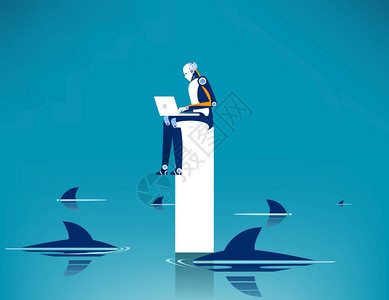 商务系统挑战围捕鲨鱼危险插画
