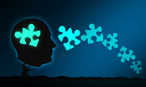 阿尔茨海默症由人头和拼图阿尔茨海默氏病痴呆症失忆和精神3D感化概念所呈现的脑障碍符号背景