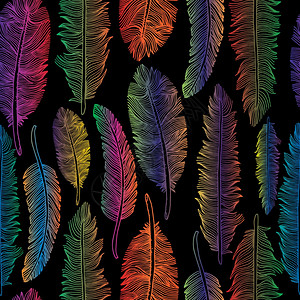 手画羽毛的无缝模式插图彩虹羽毛的无缝模式黑色的部落风格图片