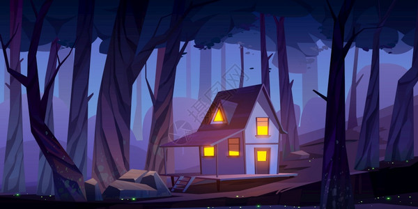 夜间森林中的木质小屋图片