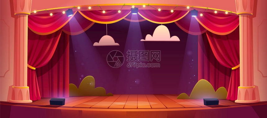 带红色窗帘和聚光灯的剧院舞台插画图片下载-正版图片306351525-摄