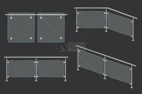 玻璃巴勒斯贸易与铁质板正面和角度视图矢量现实模拟不同部分的清晰丙烯围栏金属护与透明背景隔绝玻璃巴勒斯贸易与铁质板图片
