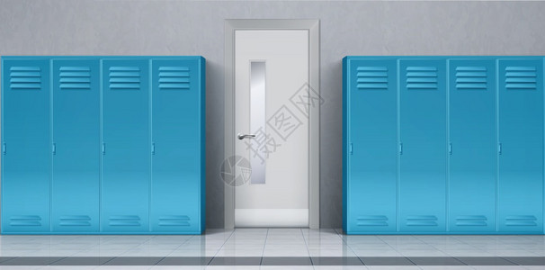 学校走廊内的蓝色柜子插画图片