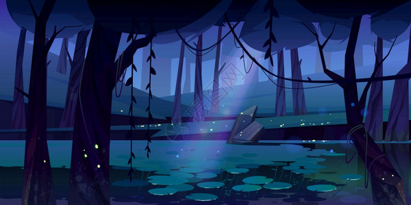 麦冬根夜间森林中有萤火虫的沼泽地矢量景观插画插画