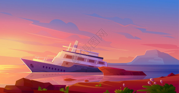 日落时在海港停靠的游轮矢量插画背景图片