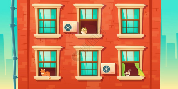 以砖墙和木制框架的窗砖墙遮盖建筑外矢量漫画插图用下水管封闭和打开的玻璃窗户用猫植物和咖啡放在烟幕上用砖墙和窗户遮盖房屋外墙插画