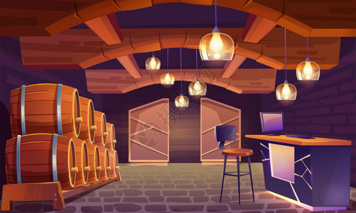 葡萄酒店馆有木制桶砖墙和地板的窖玻璃酒类灯具的柜台和高凳的酒类饮料店地下室卡通矢量图酒店有木桶的地窖内图片