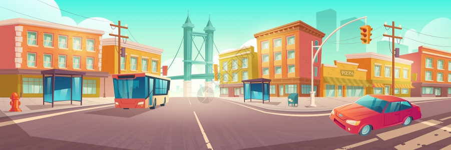 城市桥梁和现代建筑交叉路口公共汽车矢量图图片