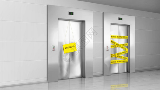 闭门黄色警告条和办公室或家庭走廊的横幅矢量现实地说明代大厅没有工作电梯的现代大厅闭门电梯被打破警示条被打破图片