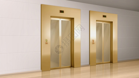金色电梯有玻璃门在走廊的视野中看矢量现实的空代办公室或旅馆内厅大有豪华电梯面板有按钮墙上地板金色电梯走廊有玻璃门背景图片
