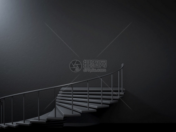 3d黑螺旋楼梯在暗的空前厅中铺设黑螺旋楼梯用于放置文字或广告的完美插图商业成就感插入文字或广告的完美插图图片