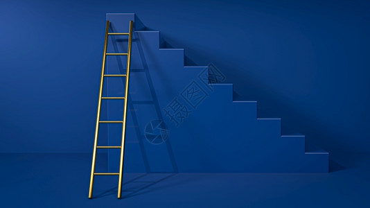 金梯子靠在蓝色楼上通往顶端灵感成功领导和商业就的阶梯概念3D转换插图背景图片