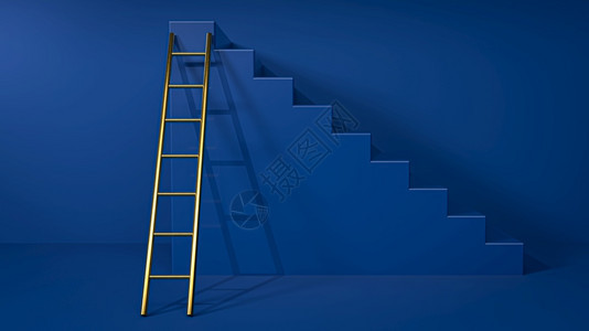 金梯子靠在蓝色楼上通往顶端灵感成功领导和商业就的阶梯概念3D转换插图图片