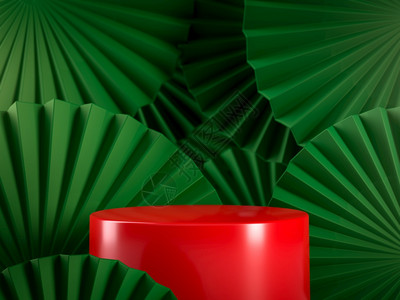 工作室的红色圆台讲或展配有绿色装饰粉丝使用图像进行品牌身份和演示将产品或对象放在讲台上3d转换红色圆台讲或展配有绿色装饰粉丝使用图片
