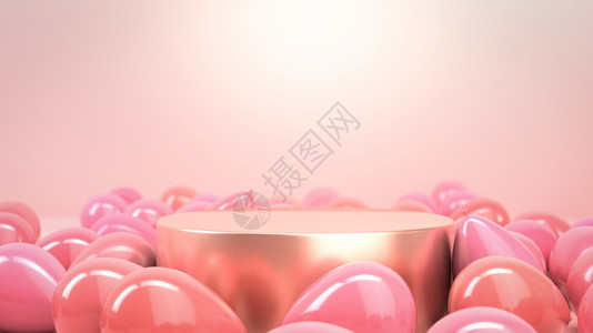 粉红色工作室的金圆台讲或展里面装满粉红色政党的气球完美背景或模型用于庆祝聚会问候和邀请3d插图将您的目标或产品放在讲台上金圆讲或图片