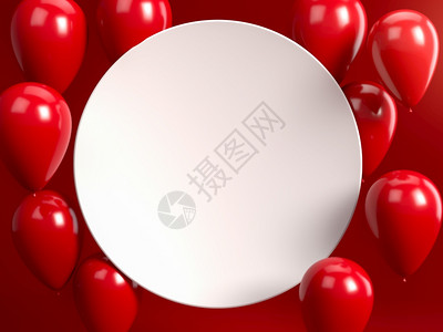 白圆板或带红色气球的框完美背景或用于庆祝聚会问候和邀请的模型3d插图将您的文本放在复制空间白圆板或框红色的气球在后面完美背景或模图片