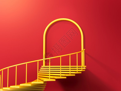 红色墙上的黄螺旋楼梯通往圆门的抽象场景设置文字或广告的完美插图商业成就概念3d插图黄色螺旋楼梯通往红色墙上的圆门抽象场景设置文字图片