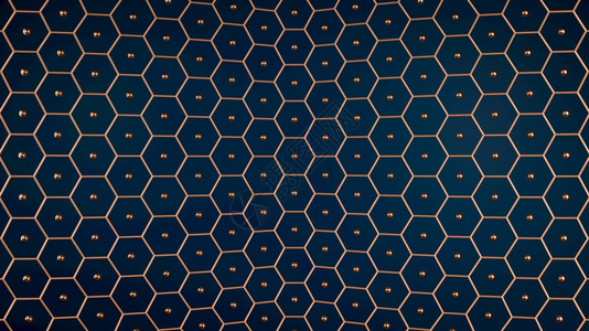 金蜂窝网和球体分布于蓝色的后角格龙蓝背景下的铜六边形图案蓝色背景下的铜六边形图案华丽的现代场景3d插图华丽的现代场景图片