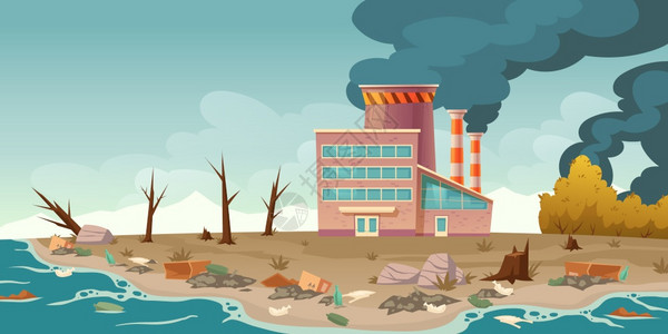 建筑垃圾生态污染排放烟雾和制造肮脏空气的工厂插画