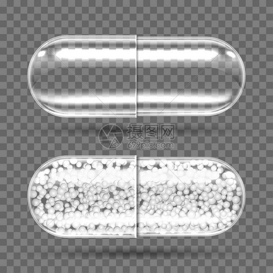 空的和有颗粒填充剂的透明胶囊抗生素维他命氨基酸矿物生活添加剂现实的三维病媒运动营养药品空的和有颗粒透明胶囊图片