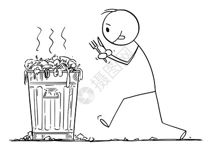 矢量卡通插图绘制饥饿男子用叉和刀吃垃圾桶食品的概念图矢量卡通显示饥饿男子用叉和刀吃垃圾罐中的食品图片