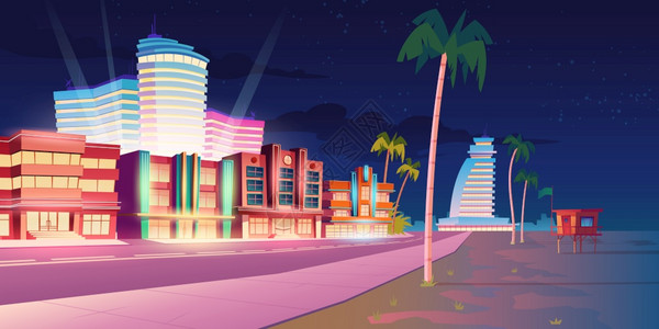 夜晚迈阿密街道旅馆沙滩和棕榈树插画背景图片