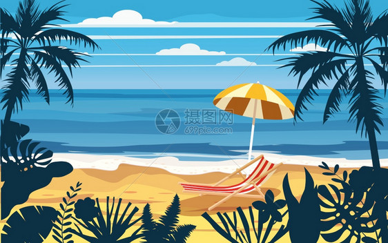 沙椅海景滨岸棕榈叶热带棕榈树模板矢量横幅海报插图图片