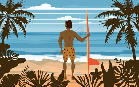 冲浪者手拿冲浪板站在热带海滩矢量插画图片