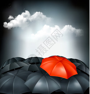 一群灰色的雨伞里有一个红独的概念图片