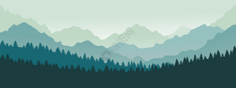 雾森景观森林山脉地貌矢量图插画