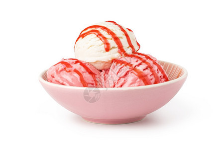 白色背景的香草和草莓冰淇淋球图片