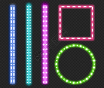 带有亮光照明装饰带边框绿色蓝粉紫带玻璃和照明闪光灯的方形和圆带亮光灯的照明粉色和紫带亮光灯和闪的彩色和圆形带现实的三维矢量插图集图片