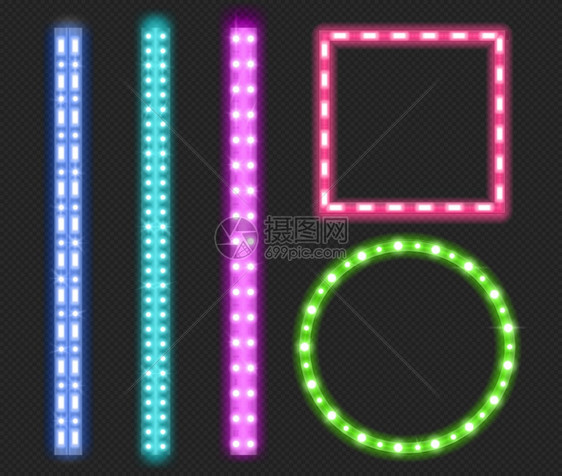 带有亮光照明装饰带边框绿色蓝粉紫带玻璃和照明闪光灯的方形和圆带亮光灯的照明粉色和紫带亮光灯和闪的彩色和圆形带现实的三维矢量插图集图片