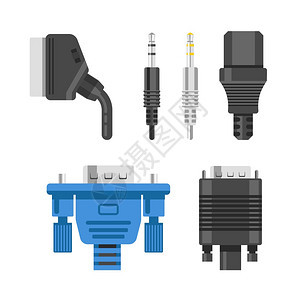 连接电缆和线的音频或视调适器和插头孤立矢量Ethernet网络端口HDMI和DVIRCA电器和技术设备连接金属和橡胶电线图片