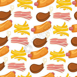 热狗和炸薯条培根鸡肉快餐无缝模式矢量图片